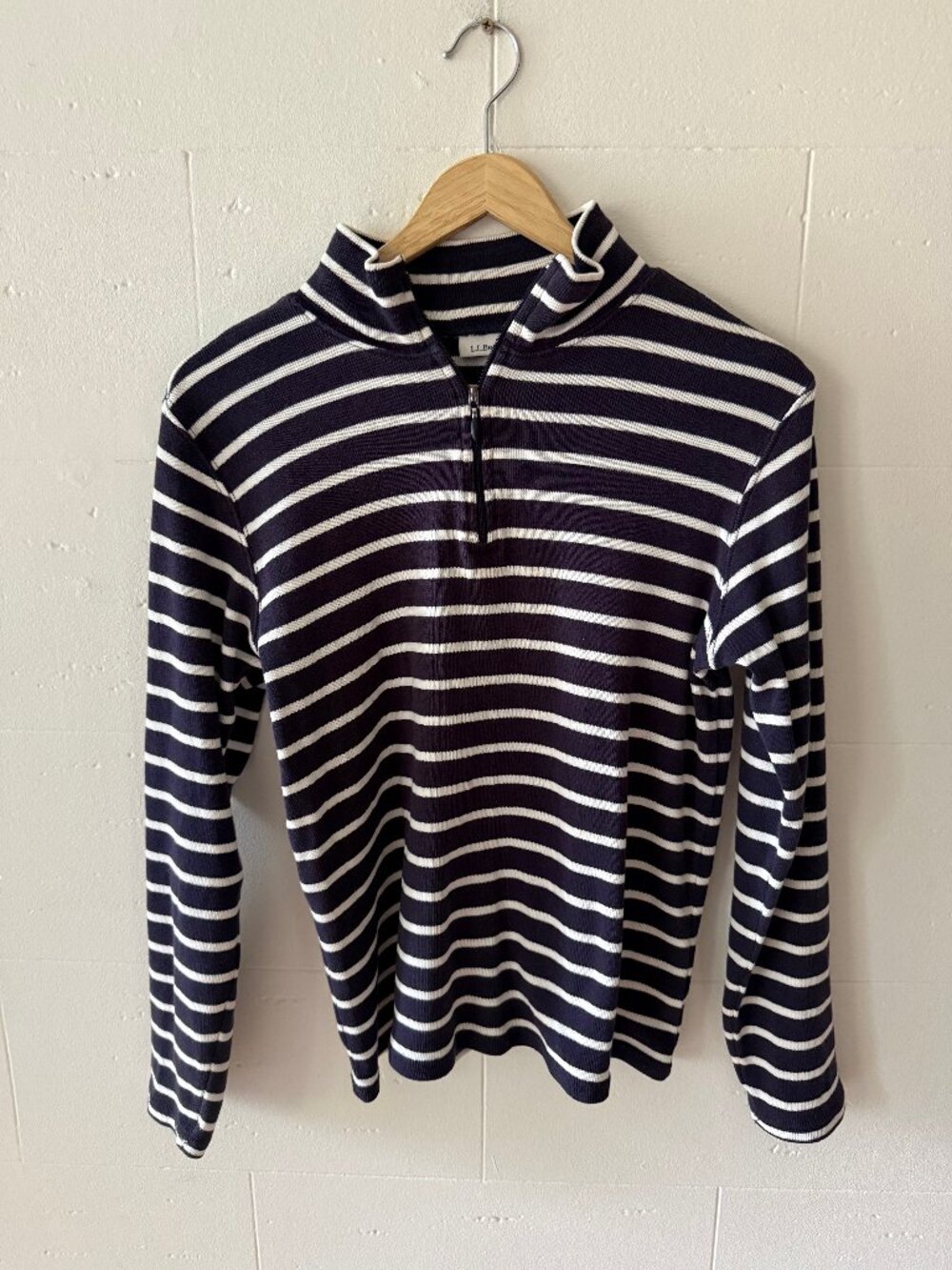 L.L. Bean | Navy Striped Quarter Zip Sweater | Medium
